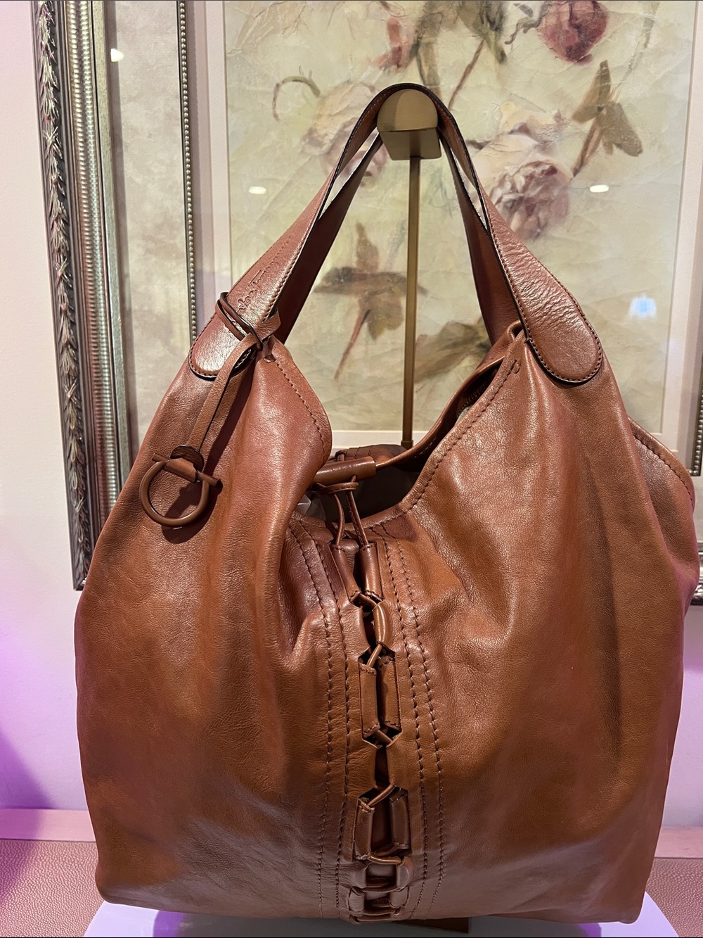 Salvatore Ferragamo Large Brown Leather Shoulder Bag with Gancini Charm
